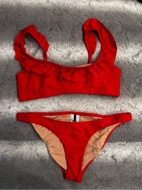 J. Crew Red Bikini Top with Ruffle Trim + matching bottom. Size medium.